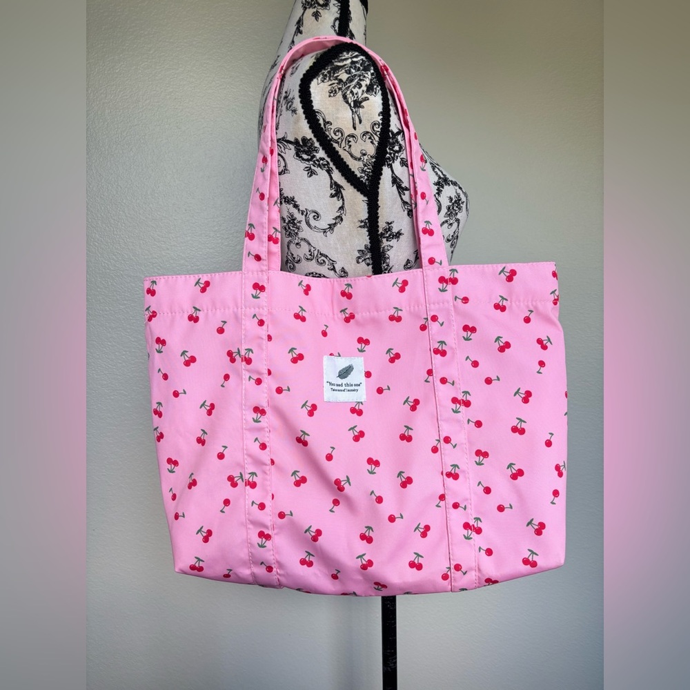 Pink Cherry Print Tote Bag - Lightweight Everyday Shoulder Bag